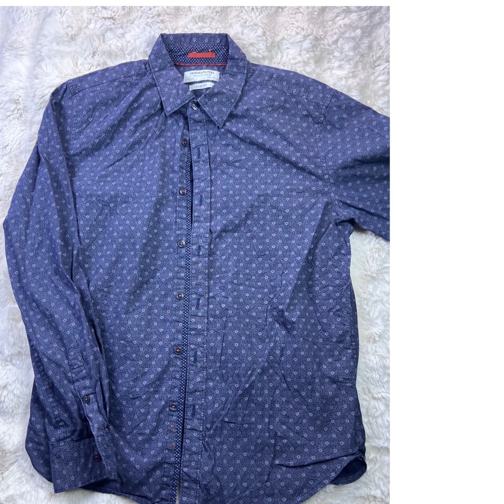 Denim & Flower Mens Slim Fit Blue Floral Micro Print Button Down Shirt Sz L. A36